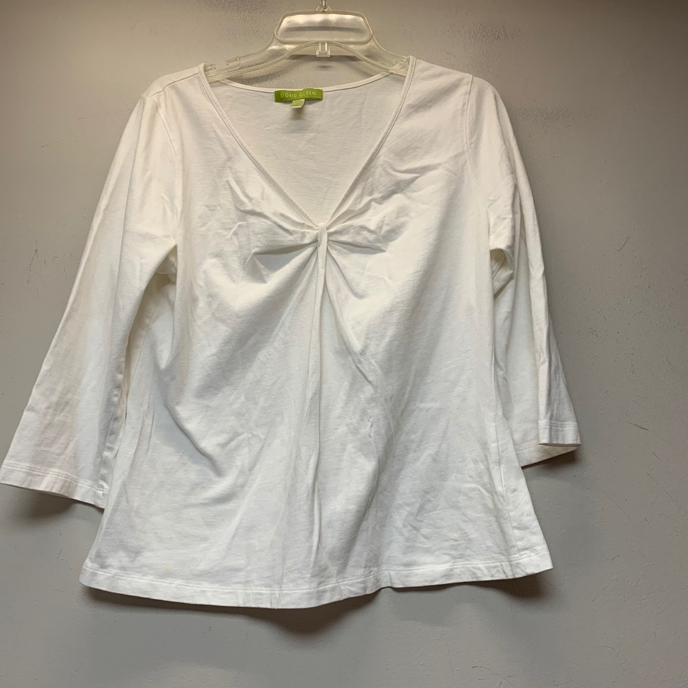 Sigrid Olsen Top Women XL White Excellent Twist Front V-Neck 3/4 Sleeve Cotton
